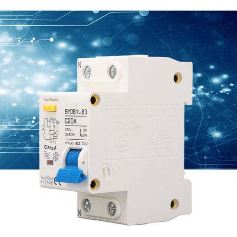 BAOYIBYDB1L-63 C20A 230V 20A Disjoncteur différentiel 30mA 1P+N miniature, type A, montage sur rail DIN (1/5)