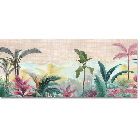 Lupia - Quadro moderno Canvas World JUNGLE PASTEL COLOR, Stampa su Tela PVC, Telaio in Fibra di Legno, Foglie colorate tropicali, 52x122 cm, per soggiorno capezzale camera da letto, ufficio (1/4)