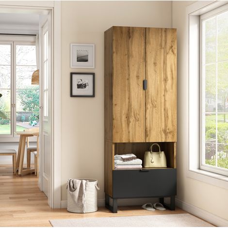 Armoire d'entrée avec penderie, 1 tiroir, étagères réglables, 65 x 38 x 180 cm, bois et noir DESVIAE (1/5)