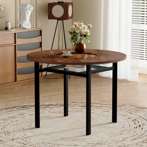 Table ronde 100cm design minimaliste aspect bois brun,plateau verre brun-gris encastré et cadre métal stable pour 2 à 4 personnes.