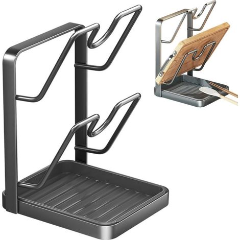Organizador de tapas de ollas con reposacucharas para encimera de cocina, diseñado para sostener dos tapas de ollas y mantener los utensilios al alcance de la mano (gris)