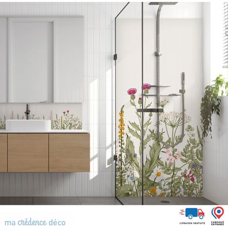Panneau de douche : Fleurs sauvages et colorées noir - Alu composite - 90 - 245 (1/2)