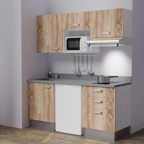 Kitchenette K20L - 180 cm - emplacements frigo, micro-ondes et hotte-Bois-Cromo-évier à gauche