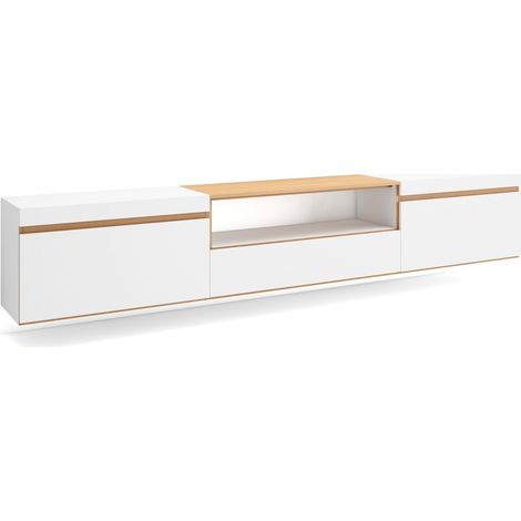 Skraut Home - TV-Schrank, Lowboard, für Wohnzimmer und Esszimmer, 260x35x45cm, Für großformatiges TV, Hängend, Moderner Stil, Weiß und Eiche Soft (1/5)