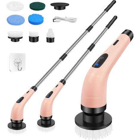 Brosse de nettoyage rotative électrique, tête de nettoyage remplaçable, avec poignée amovible, 2 vitesses, adaptée à la maison / évier / baignoire / carrelage, rose (1/5)