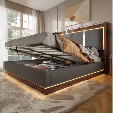 Cama matrimonial tapizada 180x200 cm con LED, almacenaje y somier, gris y nogal (1/5)