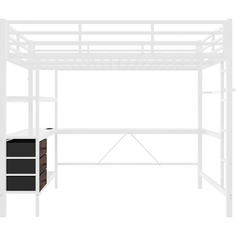 Cama alta 140 x 200 cm blanca de metal y MDF con escritorio, luces LED, USB, 3 cajones y estantes (1/5)
