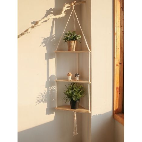 (TK-M0854) Étagère d'angle en bois, décoration murale, support de rangement pour pots, étagère flottante en macramé, organisateur mural, style bohème, décoration nordique pour la maison (1/5)