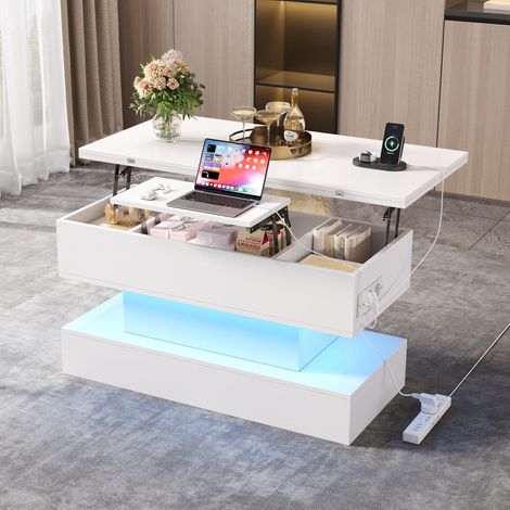 Table basse multifonctionnelle blanche 100×50×51,5 cm : relevable, réglable en hauteur, rangement intégré, prise électrique, USB-C/USB et éclairage LED. Utilisable comme table de salon, canapé ou sall