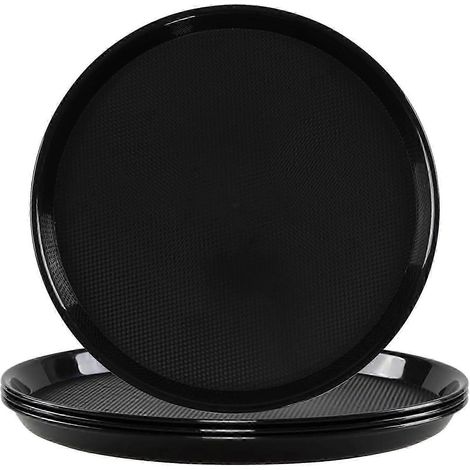 Lot de 4 plateaux de service ronds en plastique pour restaurant, antidérapants, noirs. (1/4)