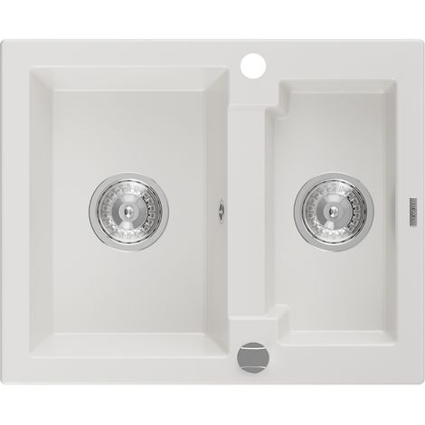 Mexen Carlos évier en granit à 1,5 cuve 582 x 475 mm, Blanc, siphon Chrome - 6518581500-20 (1/5)