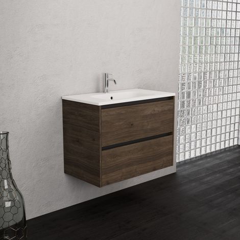 Inda - Badezimmerschrank 2 Schubladen B.80 mit mattiertem Waschbecken / Braune Eiche - Smeraldo (1/5)