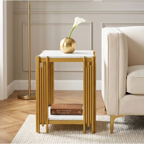 Comodino a 2 ripiani effetto marmo, MDF e metallo, 43 x 40 x H54,7 cm, bianco e oro DESVIAE (1/5)
