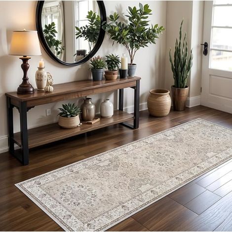 Tapis de couloir lavable 60 × 160 cm style vintage campagnard, envers antidérapant, résistant aux taches, pour entrée, salon, cuisine, buanderie, chambre et salle de bain, effet vieilli (1/5)