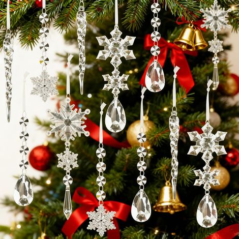 Lot de 10 Décorations Sapin Noël Acryl Transparent, Flocons et Glaçons, Suspendu, Noël et Hiver, Léger et... (1/5)