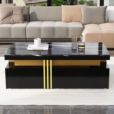 Table basse rectangulaire moderne, dotée d'une finition haute brillance, de deux tiroirs en bois et d'un plateau à motif marbre — idéale pour le salon.