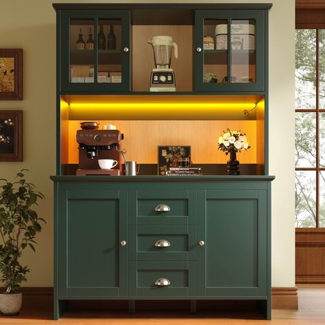 Buffet haut 120x40x179 cm avec portes en verre brun et éclairage LED et de tiroirs Métal Vert
