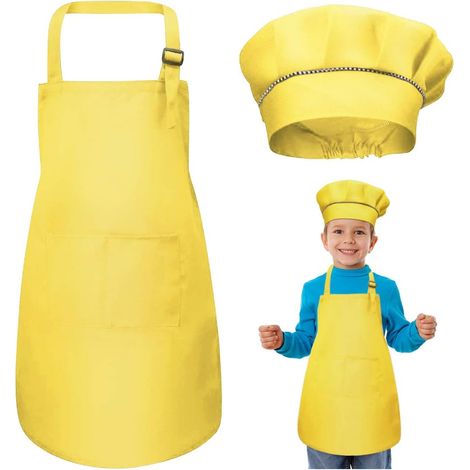 Tablier Enfant et Chapeau de Chef Set, Réglables Tabliers de Cuisine avec 2 Poches pour Filles Garçons, Bambin Tablier de Chef de Jardin pour Cuisson Peinture l'artisanat (7-13 Ans) (Jaune)-Fei Yu (1/5)