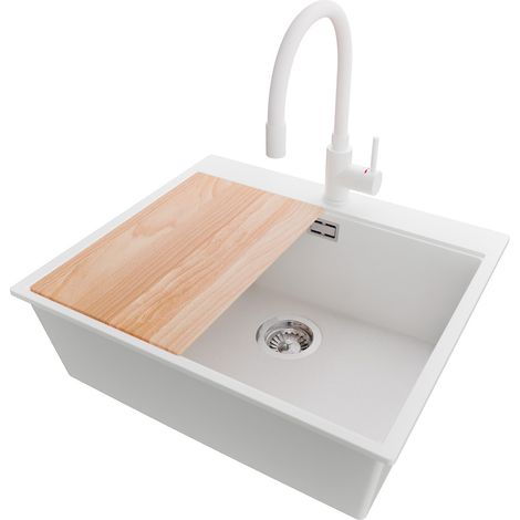 PRIMAGRAN Evier Cuisine en Granit 58x50cm,Lavabo 1 bac + Robinet 38x14cm + Kit de Vidage + Planche à Découper, Évier à Encastrer au meuble 60cm - Oslo, Blanc (1/5)