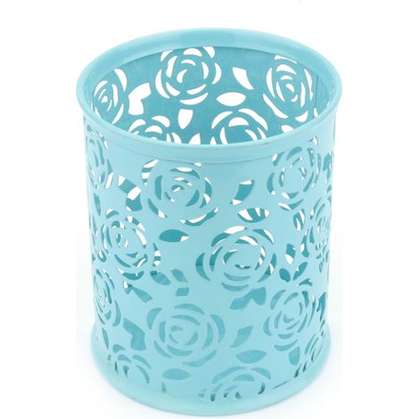 Pot à stylos motif fleur rose creux pour bureau - Organisateur de rangement bleu
