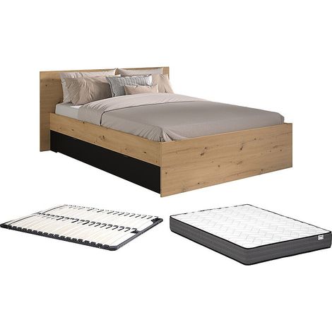 Lit avec 2 tiroirs 140 x 190/200 cm - Coloris : Naturel et noir + Sommier + Matelas - VARLY