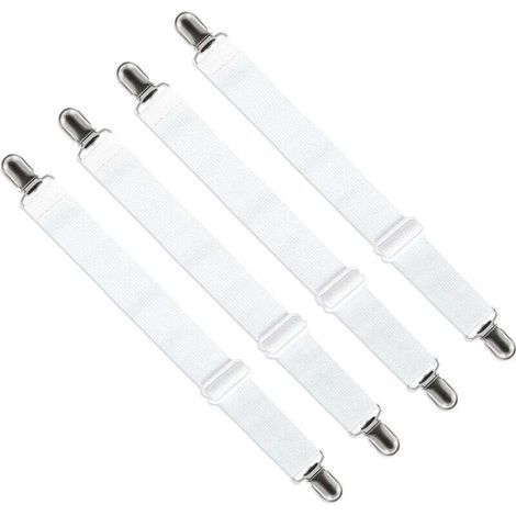 Tendeur Drap Housse Réglable (65cm à 200cm), Fixation Attache Sangle de Maintien Ajustable pour Drap Lit, Canapé, Housse de Repassage (Blanc, Lot de 4) (1/5)