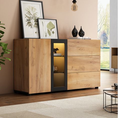 Credenza 140 x 40 x 80 cm con LED e 3 cassetti, marrone e nero HAVRYA (1/5)