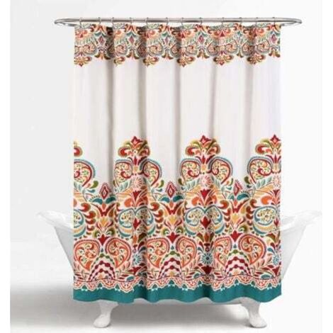 Lush Decor Clara Duschvorhang aus farbenfrohem Stoff mit böhmischem Paisley-Muster, Damastmuster, Türkis und Mandarine, 183 x 183 cm