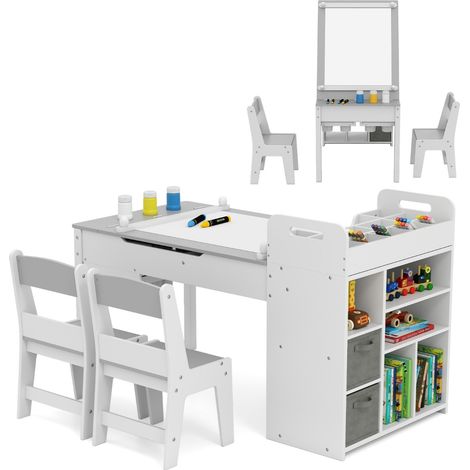 Set tavolo e sedie per bambini con rotolo di carta e organizzatore portatile e cavalletto, Per attività e studio e gioco attivo Grigio (1/5)