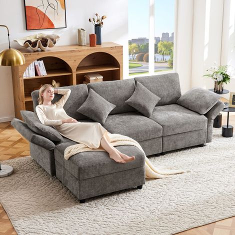 Canapé d’angle en L avec pouf – Convertible en 3 places‑fauteuil, 4 coussins, accoudoirs réglables, tissu gris – Adapté aux salons, bureaux et appartements (1/5)