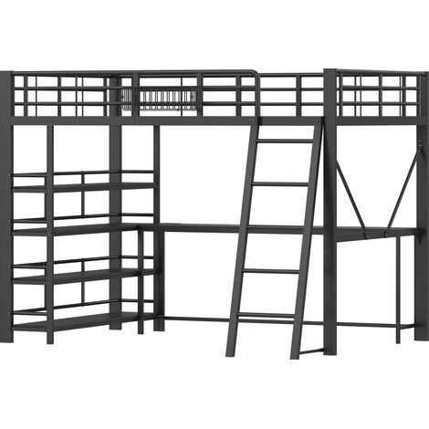 Letto a soppalco in metallo 140 x 200 cm con scrivania, LED e USB, nero (1/5)