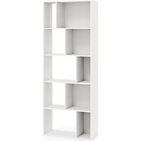 Libreria 5 piani legno 10 scomparti scaffale stoccaggio autoportante studio soggiorno Bianco (1/4)
