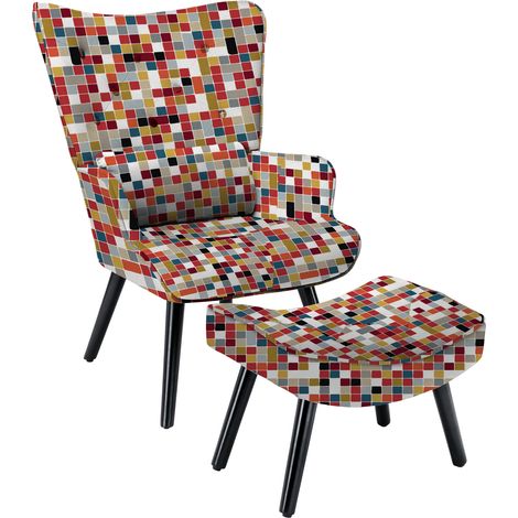 HomeMiYN Fauteuil à Accoudoirs avec Coussin et Pou-Canapé d'Angle pour Salon-Design Mosaïque Colorée (1/5)