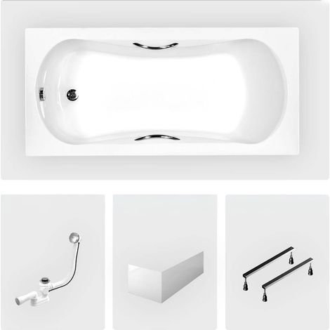 Rechteckige Badewanne - 170 x 70 cm - mit weißer Frontschürze - Füße - Griffe - Chromablauf - ARIA PLUS