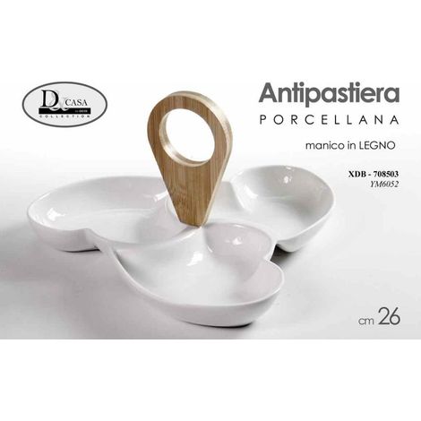 Antipastiera Snack in Porcellana con Manico in Legno 3 Scomparti 26 cm (1/2)