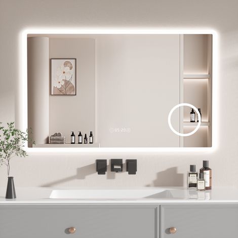 AquaWise Miroir LED Salle de Bain 100x60cm avec Miroir Grossissant Éclairage 3 Couleurs, Anti-buée Horloge, Température Mémoire Bouton Tactile Intelligent, Économie d'Énergie