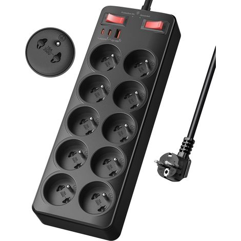 Bloc Multiprise avec Interrupteur, Multiprise 10 Prises Française 16A 2P+T Prise Multiple avec USB C PD20W Charge,Parafoudre et Surtension,Parasurtenseur,Rallonge Electrique 2m,pour Maison,Bureau,Noi (1/5)