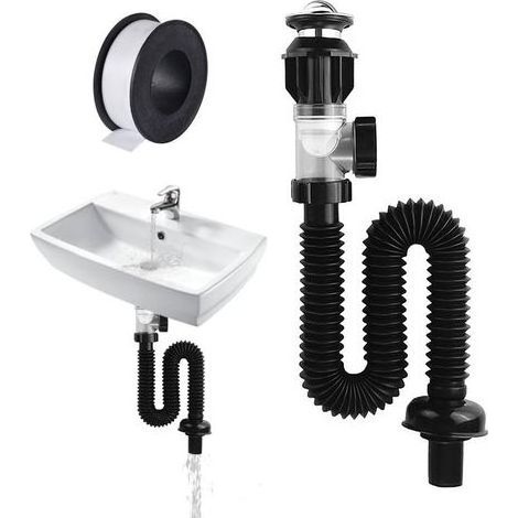 Kit de siphon pour évier, ensemble de vidange avec ruban adhésif étanche de 15 m, siphon compact pour éviers de cuisine et de salle de bain, pour bondes de 30 à 32 mm de diamètre. (1/5)