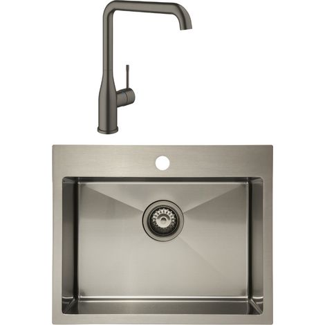 Swiss Aqua Technologies /Grohe - Set Timeless Lavello in acciaio inox 304, 55x45x21 cm + Essence Lavello miscelatore monocomando, Gun Metal spazzolato (1/5)