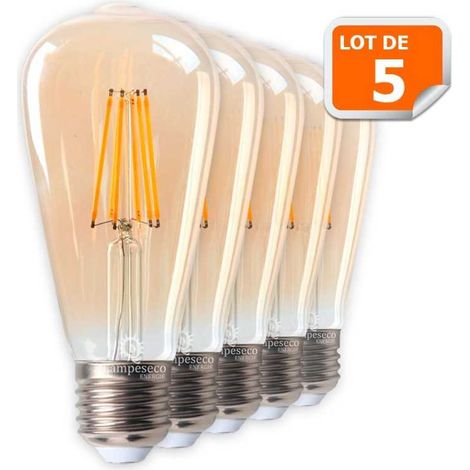 Lampesecoenergie – Lot de 5 ampoules LED vintage teardrop ST64 7W – Blanc très chaud 2200K – Culot E27 – Luminosité 800lm – Durée de vie 15000h
