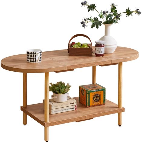 Petite Table Basse, Table Centrale Ovale avec étagère de Rangement, Table à thé D'appoint Industrielle 90 x 40 x 42 cm pour Meubles de Salon, Style Moderne, Chêne YD-011K (1/5)
