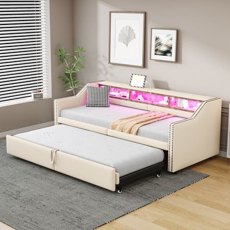 Sofá cama 90/180 x 200 cm beige de lino con almacenaje, USB y LED (1/5)