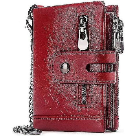Portefeuille en cuir pour femme avec protection RFID, plusieurs compartiments, fermeture éclair, porte-monnaie et 16 emplacements pour cartes, portefeuille à deux volets en cuir avec chaîne. (1/5)