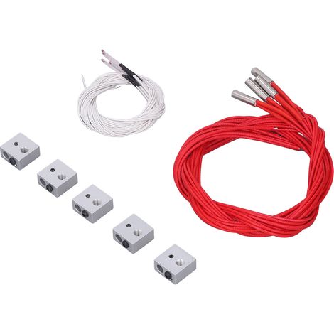 Lot de 5 blocs chauffants en aluminium pour imprimantes 3D MK7/MK8, avec 5 thermistances NTC 3950 100K (câble 1 m) et 5 cartouches chauffantes céramique 12V 40W 620, kit complet. (1/5)