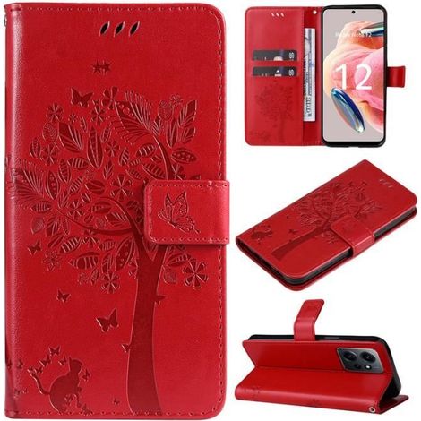 Coque pour Xiaomi Redmi Note 12 4G 6.67",Prime PU Cuir Etui Magnétique Flip case,Rouge Housse téléphone Motif en Arbre Chat - (1/4)