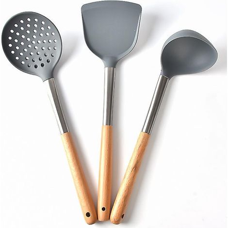 Set mit 3 Silikon-Küchenlöffeln, antihaftbeschichtet, ideal zum Mischen und Servieren von Suppen (grau) (1/4)
