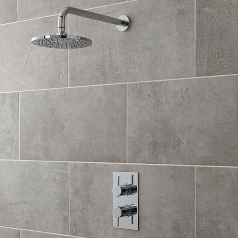 Nuie Twin Round Thermostatic Concealed Shower Valve with Fixed Head and Arm - Chrome (1/3)