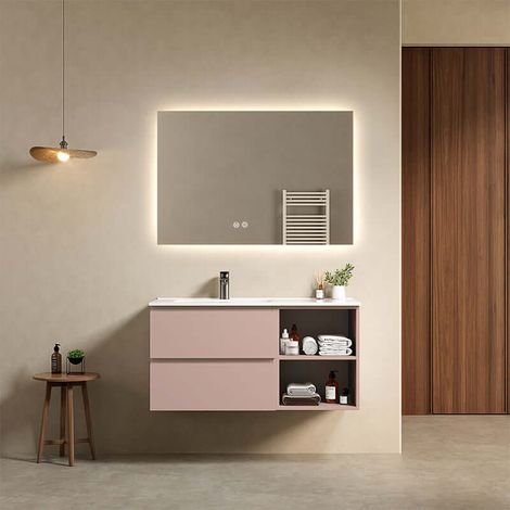 Mobile bagno sospeso 100 cm Rosa Retro Lavabo a Sinistra in Ceramica Specchio Quadro Retroilluminato - Fiji Paint Plus (1/4)