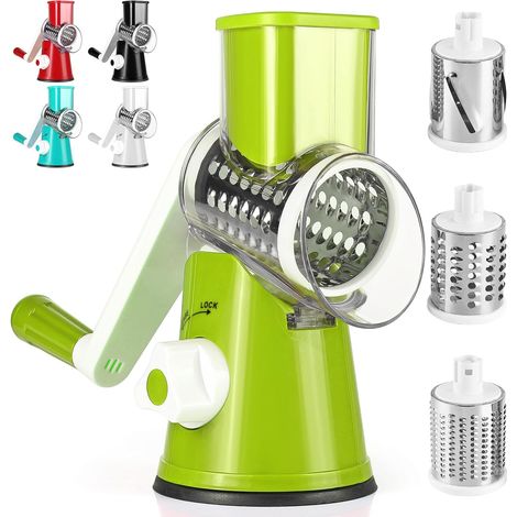 Mandoline de cuisine manuelle, coupe-légumes multifonctionnel avec 3 lames de tambour amovibles, coupe-légumes pour pommes de terre, forte aspiration, carottes, fromage, noix et plus encore. (1/5)
