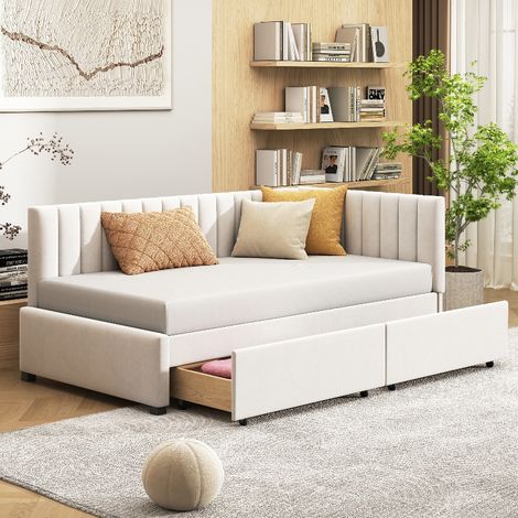 Polsterbett 90x200 als Schlafsofa mit 2 Stauraumschubladen, Multifunktionsbett aus hautfreundlichem Samtstoff, inkl. Lattenrost, Beige (1/5)